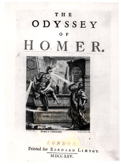 होमर द्वारा &39;द ओडिसी&39; का शीर्षक पृष्ठ, पियरे फोरड्रिनियर (fl.1720-60) द्वारा उकेरा गया द्वारा विलियम केंट