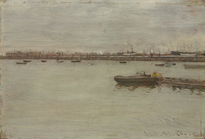 खाड़ी पर ग्रे दिवस, c.1886 (लकड़ी पर तेल) द्वारा विलियम मेरिट चेज़