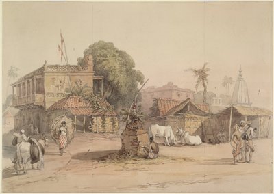 एक छोटी तुलसी वेदी और एक जलवाहक तथा उसका बैल, भारत, लगभग 1830-40 का एक गाँव का दृश्य द्वारा विलियम प्रिंसेप