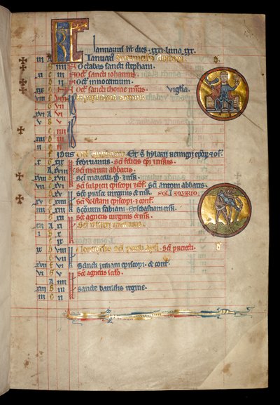 Ms 322 f.1r जनवरी, एक तीन सिर वाला आदमी शराब पीता हुआ, &39;डी ब्रेअल्स सॉल्टर&39; का चित्रण, c.1250 द्वारा विलियम डी ब्रेलेस