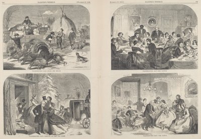 थैंक्सगिविंग डे - वेज़ एंड मीन्स [ऊपरी बाएँ], 1858 में प्रकाशित हुआ। द्वारा विंसलो होमर