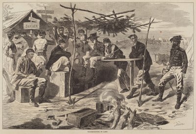 कैंप में थैंक्सगिविंग, 1862 में प्रकाशित। द्वारा विंसलो होमर