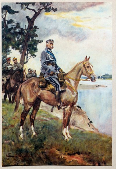 मारेचल जोज़ेफ़ (जोसेफ) क्लेमेंस पिल्सडस्की (1867-1935) का अपने पसंदीदा घोड़े काज़टंका पर घुड़सवारी का चित्र। वोइसीच वॉन कोसाक द्वारा पेंटिंग (1857-1942) द्वारा वोज्शिएक कोसाक