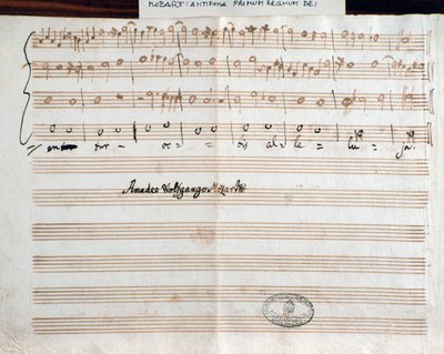 एकेडेमिको फिलारमोनिको (1770) की उपाधि प्राप्त करने के लिए मोजार्ट द्वारा क्वेराइट प्राइमम रेग्नम देई के संगीतकार के हस्ताक्षर वाला पृष्ठ द्वारा वोल्फगैंग एमॅड्यूस मोजार्ट