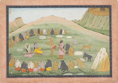 हनुमान ने राम और लक्ष्मण को औषधीय जड़ी-बूटियों से पुनर्जीवित किया..., रामायण श्रृंखला, सी. 1790. द्वारा नैनसुखो के बाद पहली पीढ़ी में सक्रिय कार्यशाला