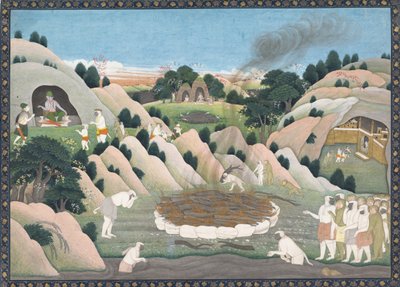 वानर राजा वली की अंत्येष्टि चिता: बिखरी हुई रामायण श्रृंखला से सचित्र पन्ना, सीए। 1780. द्वारा नैनसुखो के बाद पहली पीढ़ी में सक्रिय कार्यशाला
