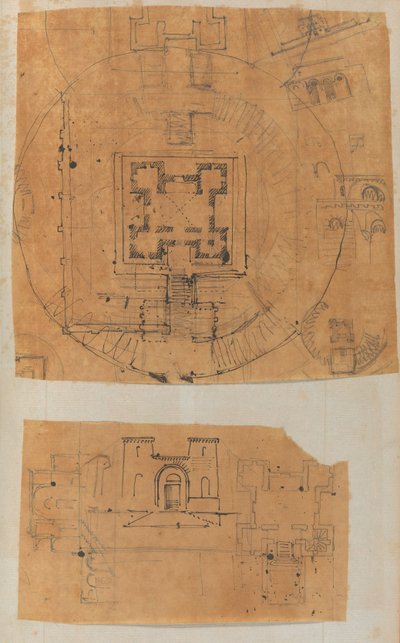एक स्क्रैपबुक से पृष्ठ जिसमें आरेखण और वास्तुकला के कई प्रिंट शामिल हैं, इंट..., सीए। 1800-1850। निर्माता: चार्ल्स पर्सिएर की कार्यशाला, पियरे फ्रांस्वा लियोनार्ड फोंटेन की कार्यशाला। द्वारा चार्ल्स पर्सिएर की कार्यशाला, पियरे की कार्यशाला