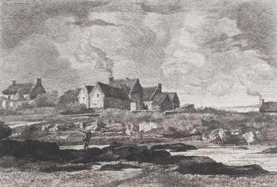 1845-75 में दायीं ओर बहने वाली नदी और पृष्ठभूमि में घरों के साथ देश का परिदृश्य। द्वारा जेवियर डी डानांचे