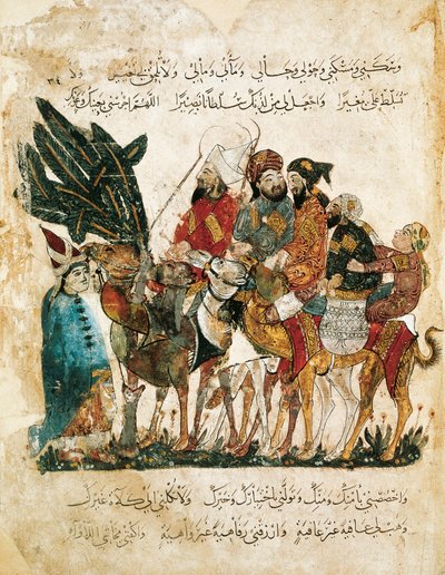 अरबी व्यापारियों का कारवां, अल-हरीरी द्वारा मक़ामत (द मीटिंग्स) से लघु, c.1240 (वेलम पर गौचे) द्वारा याहया इब्न महमूद अल वासिती