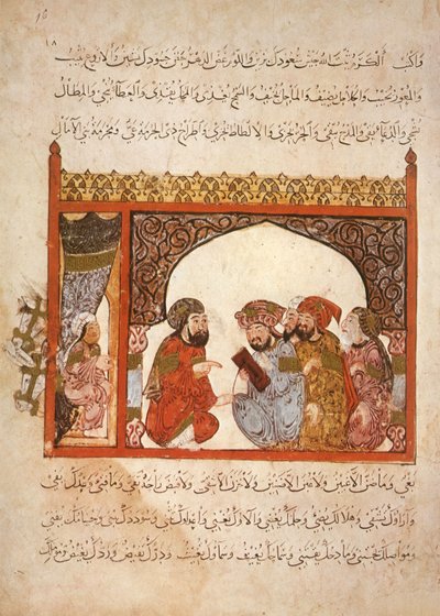 सुश्री अर 5847 f.16, कुलाधिपति मारघा: राज्यपाल ने अबू ज़ायद को अपनी सेवा में प्रवेश करने का प्रस्ताव दिया, अल हरमीत अल हरिरी द्वारा, c.1240 (वेल्लम पर गौचे) द्वारा याहया इब्न महमूद अल वासिती