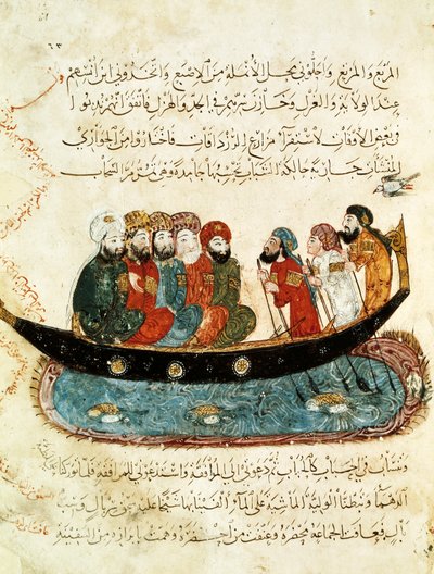 सुश्री एआर 5847 f.67, बोट ऑन द यूफ्रेट्स, अल-हरीरी द्वारा 'अल मक़ामत' (द मीटिंग्स) से लघु, c.1240 (वेलम पर गौचे) द्वारा याहया इब्न महमूद अल वासिती