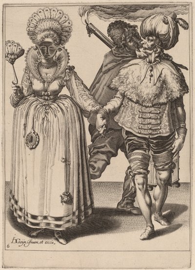 पगड़ी वाला एक आदमी मोर पंख पहने एक महिला का नेतृत्व कर रहा है द्वारा Zacharias Dolendo after Jacques de Gheyn II