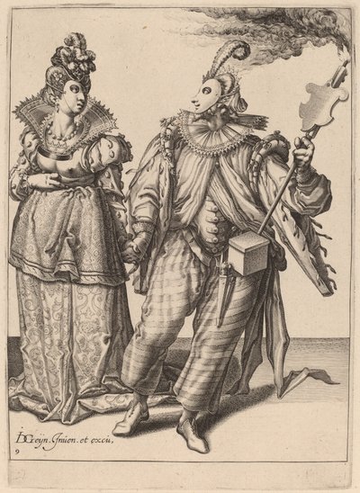 एक महिला जिसका नेतृत्व एक खिलाड़ी मशाल थामे हुए कर रहा है द्वारा Zacharias Dolendo after Jacques de Gheyn II