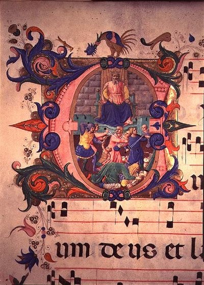 मिसल 515 f.13v 1449 से पहले अंजाम दी गई एक चॉयर बुक से मासूमों का नरसंहार, (विवरण के लिए देखें 88910-11) द्वारा बेनेडेट्टो स्ट्रोज़ी द्वारा ज़ानोबी