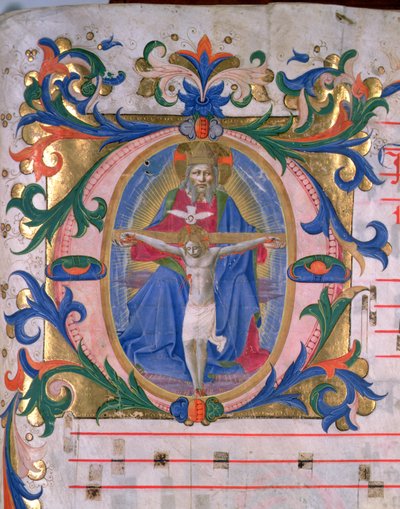 Ms 523 f.166r ट्रिनिटी के साथ प्रारंभिक 'O' ऐतिहासिक, एक मिसाल से, c.1446-60 (वेल्लम) द्वारा बेनेडेट्टो स्ट्रोज़ी द्वारा ज़ानोबी