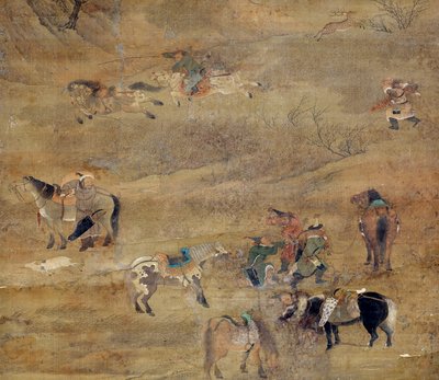 घोड़े का पीछा करते हुए मंगोलियाई सवार। विवरण। फू त्चाओ मोंग (1254-1322) द्वारा सिल्क पेंटिंग। युआन राजवंश (1206-1368 ईस्वी) पेरिस, गुइमेट संग्रहालय, एशियाई कला का राष्ट्रीय संग्रहालय द्वारा झाओ मेंगफू चाओ मेंग फू या