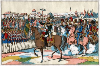 सम्राट अलेक्जेंडर II तुर्की (1877) पर युद्ध की घोषणा से पहले अपने सैनिकों की समीक्षा करता है। लगभग 1880 (चित्रण) द्वारा . .