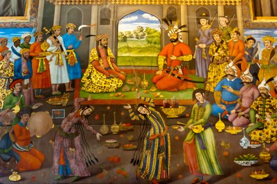 फ्रेस्को; नृत्य करने वाली लड़कियों के साथ भोज; शाह तहमास्प ने भारतीय मुगल सम्राट होमायूं की अगवानी की; 1544; चेहल सोतौन; चालीस स्तंभ पैलेस; इस्फ़हान; ईरान; एशिया द्वारा फ्रेडरिक (एटीआर) बरनार्ड
