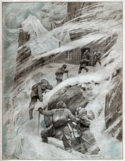 इतालवी आल्प्स में तूफान में फंसे इतालवी पर्यटक। 1925 (चित्रण) द्वारा . .