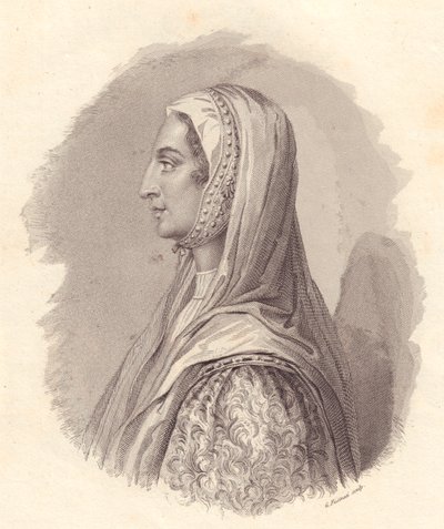 इतालवी रईस बीट्राइस लस्कारिस डी टेंडा (1372-1418) का पोर्ट्रेट, एंटोनियो कैंपो द्वारा प्रकाशित चित्र से जी फुसिनाती द्वारा तांबे की नक्काशी द्वारा सेवेरिनी सेवेरिनी