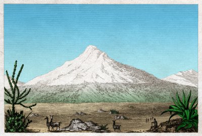 तापिया, इक्वाडोर के पठार से चिम्बोराजो ज्वालामुखी। लगभग 1840 (उत्कीर्णन) द्वारा . .