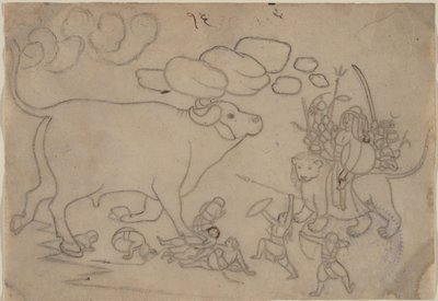 Durga Confronts the Buffalo Demon Mahisha: Scene from the Devi Mahatmya, ca. 1780.  द्वारा नैनसुख के बाद पहली पीढ़ी के गुरु