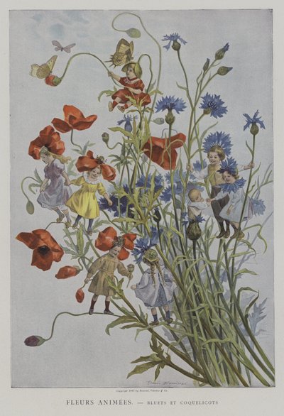 फ्लेम एनीमे। Bluets et Coquelicots। (एनिमेटेड फूल: कॉर्नफ्लॉवर और पॉपपीज़) द्वारा after Firmin Bouisset