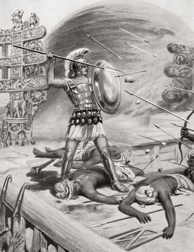 अलेक्जेंडर द ग्रेट ने अपने भारतीय अभियान के दौरान 326BC में हचिन्सन हिस्ट्री ऑफ़ द नेशंस, पब .915 से भारत के गढ़ शहर में असाकानी का मुकाबला किया द्वारा रॉबर्ट डुडले के बाद