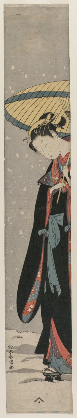 छाते के साथ बर्फ में चलती युवती द्वारा after Suzuki Harunobu
