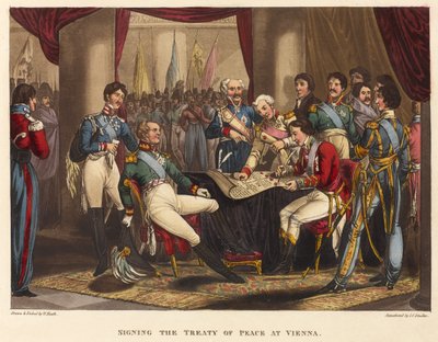 वियना में शांति संधि पर हस्ताक्षर, 1818 (रंगीन जलीय) द्वारा विलियम हीथ के बाद