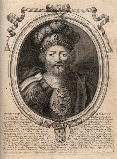पोर्ट्रेट ऑफ़ यूड्स (ओडन) (v. 860 - 898), काउंट ऑफ़ पेरिस और ट्रॉयज़, फिर फ़्रांस के राजा - चार्ल्स सम्राट के बयान के बाद फ्रांस के सिंहासन के लिए चुने गए पेरिस की EUDES गिनती - 'लेस ऑगस्टेस रिप्रेजेंटेशन डे टूस लेस' से उत्कीर्णन किंग्स डी फ़्रांस  द्वारा डे लार्मेसिन
