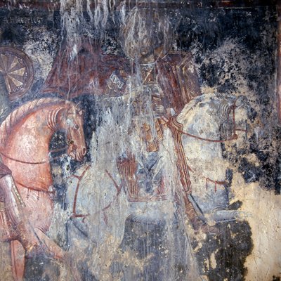 घोड़े की पीठ पर संत, पलाया रौमाता, क्रेते, ग्रीस में चर्च में फ्रेस्को (फोटो) द्वारा या मैग्नो सेसारे मैग्नी