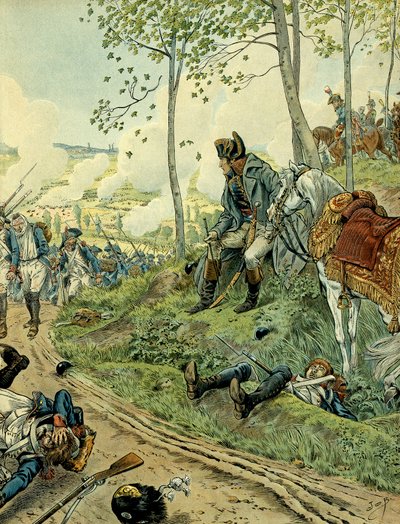 इटली का अभियान (1799-1800): नेपोलियन आई बोनापार्ट (1769-1821) 14 जून 1800 को पिएमोंट (इटली) में मारेंगो की लड़ाई में नेपोलियन और ऑस्ट्रियाई सेनाओं का विरोध करते हुए। जैक्स मैरी गैस्टन ओनफ्रे डी ब्रेविल द्वारा डिट जॉब (1858-1931) का चित्रण। निजी सी द्वारा Onfray de Breville जाक जॉब के लिए छद्म नाम