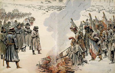 रूस का अभियान (1812): रूस के पीछे हटने के दौरान, नेपोलियन I बोनापार्ट (1769-1821) ने दुश्मन को उन पर कब्जा करने से रोकने के लिए झंडे और चील को जलाने का आदेश दिया। जॉर्जेस मोंटोरग्यूइल द्वारा "" नेपोलियन "" में। जैक्स मैरी गैस्टन ओनफ्रे  द्वारा pseudonym for Onfray de Breville Jacques Job