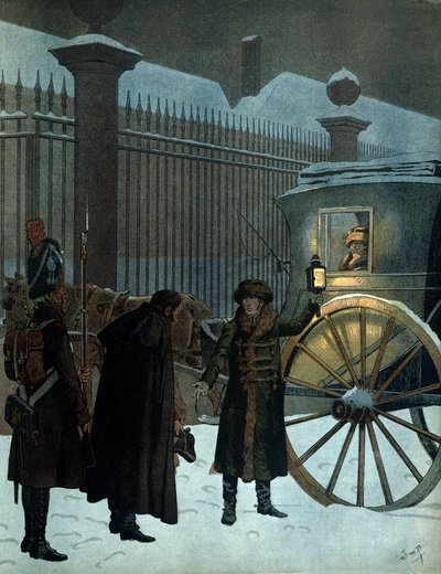 रूसी अभियान को हरा दिया और पेरिस लौट आया: नेपोलियन आई बोनापार्ट (1769-1821) एक सेडान में रूसी वापसी के बाद 18 दिसंबर 1812 को शाम 11 बजे ट्यूलरीज पहुंचे। जॉर्जेस मोंटोरग्यूइल द्वारा "" नेपोलियन "" में। जे द्वारा चित्रण द्वारा Onfray de Breville जाक जॉब के लिए छद्म नाम
