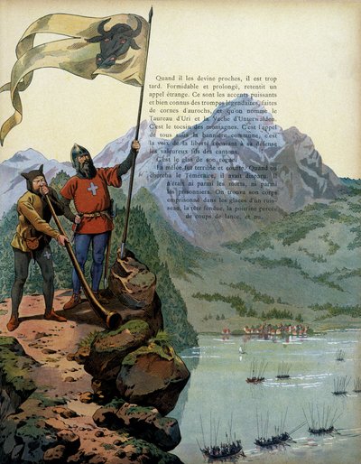 मध्य युग में फ्रांस का इतिहास: चार्ल्स द टेमेरायर (1433-1477), ड्यूक ऑफ बरगंडी की सेना, स्विट्जरलैंड के वाड देश में प्रवेश करती है। जैक्स मैरी गैस्टन ओनफ्रे डी ब्रेविल द्वारा इलस्ट्रेशन डिट जॉब (1858-1931) द्वारा Onfray de Breville जाक जॉब के लिए छद्म नाम