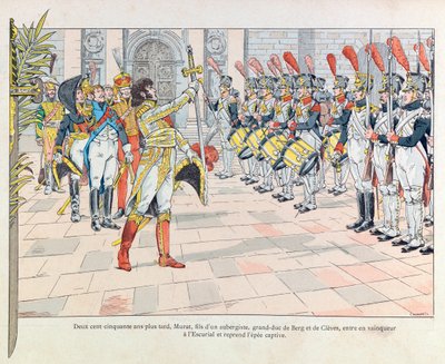 जैक्स मैरी गैस्टन ओनफ्रे डी ब्रेविल ने JOB (1858 - 1931); पुस्तक "लेस एपिस डी फ्रांस" से चित्रण: जोआचिम मूरत ए एल'एस्कोरियल ने उस तलवार को फिर से शुरू किया जो फ्रेंकोइस I को स्पैनिश सीए के दौरान 1525 में पाविया की लड़ाई में स्पेनियों को देनी  द्वारा Onfray de Breville जाक जॉब के लिए छद्म नाम