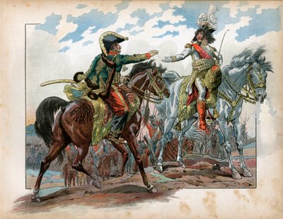 1807 में हील्सबर्ग की लड़ाई के दौरान जोआचिम मूरत (1767-1815) और जनरल एंटोनी चार्ल्स लुई डे ला सैले (लासाल) (1775-1809)। जैक्स मैरी गैस्टन ओनफ्रे डी ब्रेविल डिट जॉब (1858-1931) द्वारा उत्कीर्णन द्वारा Onfray de Breville जाक जॉब के लिए छद्म नाम