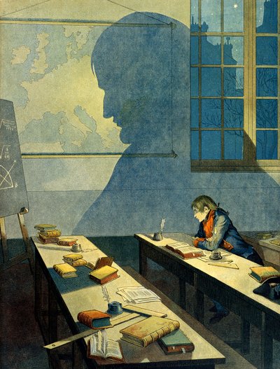 नेपोलियन I बोनापार्ट (1769-1821) ब्रिएन के रॉयल मिलिट्री स्कूल (औबे में मिनिम्स द्वारा संचालित स्कूल, शैम्पेन अर्देनेस) में पढ़ रहा था। इसकी छाया यूरोप के भौगोलिक मानचित्र पर पड़ती है। जैक्स मैरी गैस्टन ओनफ़्रे डे ब्रेविल डिट जॉब द्वारा चित्रण द्वारा pseudonym for Onfray de Breville Jacques Job