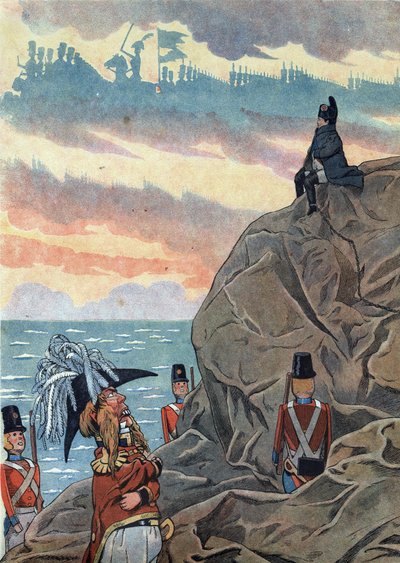 खिलौनों में फ्रांस के इतिहास का दृश्य: नेपोलियन I बोनापार्ट (1769-1821) निर्वासन में सैंटे हेलेन (सैंटे-हेलेन) के द्वीप पर उदासी और अकेलेपन के दृष्टिकोण में प्रस्तुत किया गया। "" जौजौक्स ए एल हिस्टोइरे में: ला फ्रांस ने जौजौक्स डी ड्यूक्स पे के स द्वारा Onfray de Breville जाक जॉब के लिए छद्म नाम