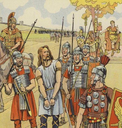 Vercingetorix ने जूलियस सीज़र को आत्मसमर्पण किया, 52 ई.पू. (कलर लिथो) द्वारा Onfray de Breville जाक जॉब के लिए छद्म नाम