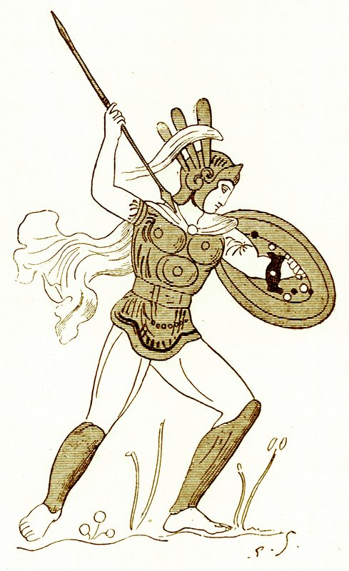 समनाइट योद्धा, लौवर में एक चित्रित फूलदान के बाद, विक्टर ड्यूरु द्वारा 'हिस्ट्री ऑफ रोम' से चित्रण, 1884 में प्रकाशित (डिजिटल रूप से उन्नत छवि) द्वारा (बाद में) अंग्रेजी स्कूल