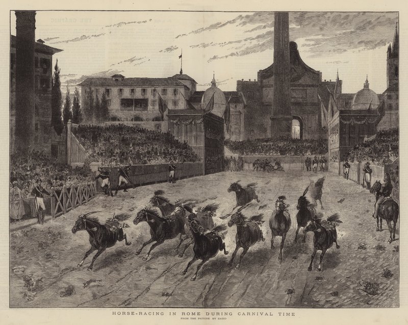 कार्निवल समय के दौरान रोम में घुड़दौड़ (उत्कीर्णन) द्वारा (बाद में) इटालियन स्कूल