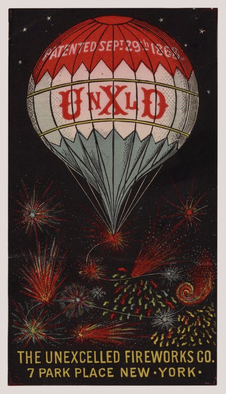 अमेरिकी ट्रेड कार्ड, न्यूयॉर्क स्थित Unexcelled Firework Company का विज्ञापन द्वारा अमेरिकी स्कूल