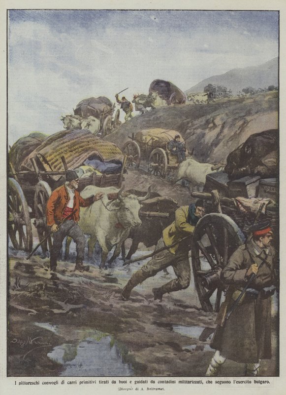 आदिम रथों के सुरम्य काफिले बैलों द्वारा खींचे गए और सैन्यीकृत किसानों द्वारा नेतृत्व किए गए द्वारा अचिल बेल्ट्रैम