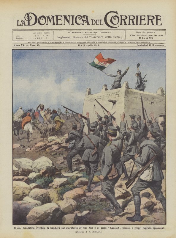 सिद्दी अज़ीज़ और सावॉय के रोने की आवाज़ पर झंडा लहराते हुए मदाल्देना द्वारा अचिल बेल्ट्रैम