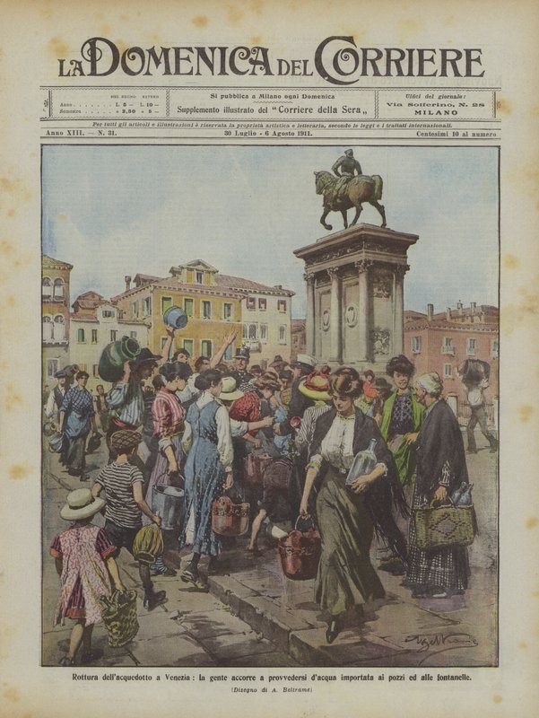 वेनिस में एक्वाडक्ट को तोड़ते हुए, लोग कुओं और फव्वारों को आयातित पानी प्रदान करने के लिए भागते हैं द्वारा अचिल बेल्ट्रैम