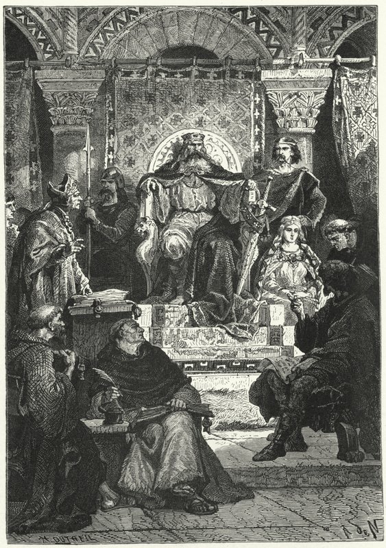 सम्राट शारलेमेन की परिषद की बैठक (उत्कीर्णन) द्वारा अल्फोंस मैरी डे (बाद में) न्यूविल