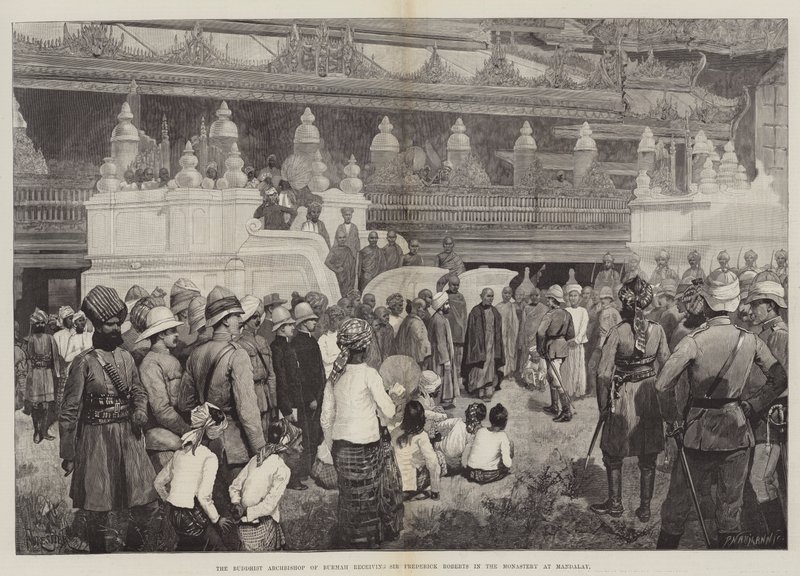 बर्मा के बौद्ध आर्कबिशप मंडलाय में मठ में सर फ्रेडरिक रॉबर्ट्स को प्राप्त करते हैं द्वारा अमेदी फॉरेस्टियर