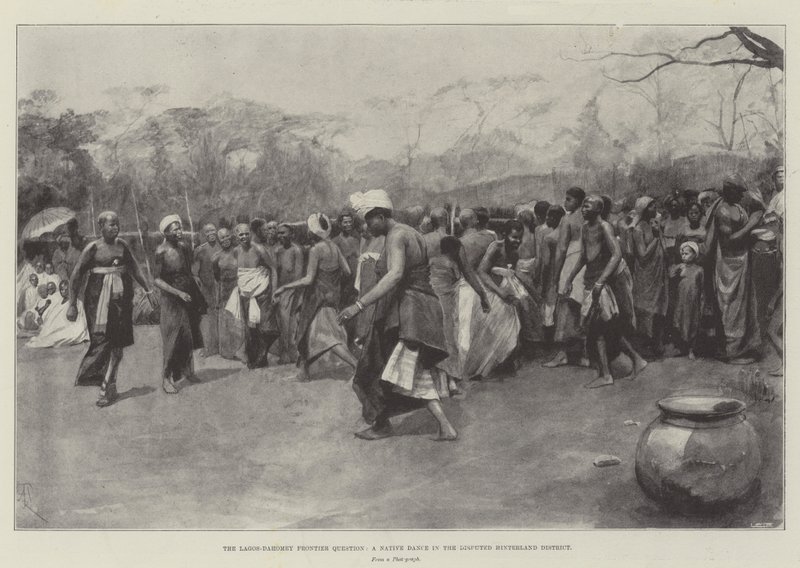 लागोस-डाहेमी फ्रंटियर प्रश्न, विवादित हिंटलैंड जिले में एक मूल निवासी नृत्य द्वारा अमेदी फॉरेस्टियर